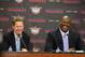PHOENIX - FEBRUARY 7: Steve Kerr (L), General Manager of the Phoenix Suns with Shaquille O'Neal at a press conference about his acquisition at U.S. Airways Center on February 7, 2008 in Phoenix, Arizona. NOTE TO USER: User expressly acknowledges and agr