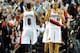 PORTLAND, OR - APRIL 27: Damian Lillard #0 of the Portland Trail Blazers and Nicolas Batum #88 of the Portland Trail Blazers celebrate in the second half of Game Four of the Western Conference Quarterfinals against the Houston Rockets during the 2014 NBA