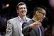Dec 18, 2013; Houston, TX, USA; Houston Rockets center Omer Asik (3) and point guard Jeremy Lin (7) walk to the locker room during halftime at Toyota Center. Mandatory Credit: Andrew Richardson-USA TODAY Sports