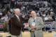 SAN ANTONIO, TX - April 30: Gregg Popovich gives Mike Monroe of Express News, the Phil Jasner Lifetime Achievement Award by the Professional Basketball Writers Association before Game Five of the Western Conference Quarterfinals between the Dallas Maveric