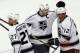ANAHEIM, CA - MAY 3: Alec Martinez #27, Dustin Brown #23 and Marian Gaborik #12 of the Los Angeles Kings celebrate Gaborik's game-winning goal scored against the Anaheim Ducks in Game One of the Second Round of the 2014 Stanley Cup Playoffs at Honda Cent