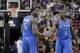 January 25, 2013; Sacramento, CA, USA; Oklahoma City Thunder center Kendrick Perkins (5) reacts next to forward Serge Ibaka (9) after being called for a three second violation against Sacramento Kings in the second quarter at Sleep Train Arena. The Thunde