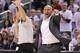 TORONTO, ON - APRIL 19: Head coach Jason Kidd of the Brooklyn Nets reacts on a call in play against the Toronto Raptors in Game One of the NBA Eastern Conference play-off at the Air Canada Centre on April 19, 2014 in Toronto, Ontario, Canada. The Nets de