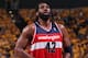 INDIANA MAY 5: Nene Hilario #42 of the Washington Wizards shoots a foul shot against the Indiana Pacers during Game One of the Eastern Conference Semifinals on May 5, 2014 at Bankers Life Fieldhouse in Indianapolis, Indiana. NOTE TO USER: User expressly a