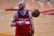 Apr 29, 2014; Chicago, IL, USA; Washington Wizards center Marcin Gortat (4) reacts after a call against the Chicago Bulls during the first quarter in game five of the first round of the 2014 NBA Playoffs at United Center. Mandatory Credit: Mike DiNovo-USA
