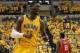 May 3, 2014; Indianapolis, IN, USA; Indiana Pacers center Roy Hibbert (55) celebrates during the fourth quarter against the Atlanta Hawks in game seven of the first round of the 2014 NBA Playoffs at Bankers Life Fieldhouse. Indiana won 92-80. Mandatory Cr