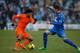 GETAFE, SPAIN - JANUARY 19: Carlos Vela (L) competes for the ball with Sergio Escudero (R) of Getafe CF during the La Liga match between Getafe SAD and Real Sociedad de Futbol at Coliseum Alfonso Perez on January 19, 2014 in Getafe, Spain. (Photo by Gonz