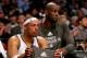 NEW YORK, NY - APRIL 25: Paul Pierce #34 and Kevin Garnett #2 of the Brooklyn Nets look on from the bench in the first half against the Toronto Raptors in Game Three of the Eastern Conference Quarterfinals during the 2014 NBA Playoffs at the Barclays Cen
