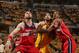 INDIANAPOLIS - MAY 5: Marcin Gortat #4 and Trevor Ariza #1 of the Washington Wizards box out Luis Scola #4 of the Indiana Pacers in Game One of the Eastern Conference Semi-Finals during the 2014 NBA Playoffs at Bankers Life Fieldhouse on May 5, 2014 in In