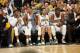 INDIANAPOLIS - APRIL 22: (L-R) Paul George #24, George Hill #3, Luis Scola #4, and Roy Hibbert #55 of the Indiana Pacers on the bench during the game against the Atlanta Hawks in game two of the East Conference Quarter Finals at Bankers Life Fieldhouse o