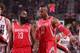 PORTLAND, OR - MAY 2: James Harden #13 and Dwight Howard #12 of the Houston Rockets walk up court in Game Six of the Western Conference Quarterfinals against the Portland Trail Blazers during the 2014 NBA Playoffs on May 2, 2014 at the Moda Center in Por