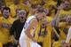 Apr 27, 2014; Oakland, CA, USA; Golden State Warriors guard Stephen Curry (30) celebrates after blocking the shot of Los Angeles Clippers guard J.J. Redick (4, not pictured) during the fourth quarter in game four of the first round of the 2014 NBA Playoff