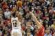 PORTLAND, OR - MAY 2: LaMarcus Aldridge #12 of the Portland Trail Blazers hits a shot over Omer Asik #3 of the Houston Rockets in the first quarter of Game Six of the Western Conference Quarterfinals during the 2014 NBA Playoffs at the Moda Center on May