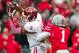 Nov 23, 2013; Columbus, OH, USA; Indiana Hoosiers wide receiver Cody Latimer (3) catches the ball as Ohio State Buckeyes cornerback Bradley Roby (1) tries to tackle him in the first quarter of the game at Ohio Stadium. Mandatory Credit: Trevor Ruszkowksi-