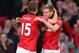 MANCHESTER, ENGLAND - MAY 06: James Wilson of Manchester United celebrates scoring the first goal with team-mate Nemanja Vidic during the Barclays Premier League match between Manchester United and Hull City at Old Trafford on May 6, 2014 in Manchester,