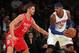 Nov 14, 2013; New York, NY, USA; New York Knicks small forward Carmelo Anthony (7) controls the ball against Houston Rockets small forward Chandler Parsons (25) during the second quarter of a game at Madison Square Garden. Mandatory Credit: Brad Penner-US