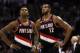 May 6, 2014; San Antonio, TX, USA; Portland Trail Blazers forward Dorell Wright (1) and forward LaMarcus Aldridge (12) look at the score board against the San Antonio Spurs in game one of the second round of the 2014 NBA Playoffs at AT&T Center. Mandatory