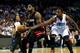 CHARLOTTE, NC - APRIL 28: Michael Kidd-Gilchrist #14 of the Charlotte Bobcats and LeBron James #6 of the Miami Heat in Game Four of the Eastern Conference Quarterfinals during the 2014 NBA Playoffs at Time Warner Cable Arena on April 28, 2014 in Charlott