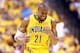 INDIANAPOLIS, IN - MAY 05: David West #21 of the Indiana Pacers reacts after a turnover in the 102-96 loss to the Washington Wizards in Game 1 of the Eastern Conference Semifinals during the 2014 NBA Playoffs at Bankers Life Fieldhouse on May 5, 2014 in