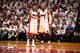 MIAMI, FL - MAY 6: Mario Chalmers #15 and Dwyane Wade #3 of the Miami Heat look on against the Brooklyn Nets in Game One of the Eastern Conference Semifinals of the 2014 NBA playoffs at American Airlines Arena in Miami, Florida on May 6, 2014. NOTE TO US
