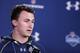 INDIANAPOLIS, IN - FEBRUARY 21: Former Texas A&M quarterback Johnny Manziel speaks to the media during the 2014 NFL Combine at Lucas Oil Stadium on February 21, 2014 in Indianapolis, Indiana. (Photo by Joe Robbins/Getty Images)