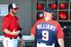 Mar 1, 2014; Melbourne, FL, USA; Washington Nationals left fielder Bryce Harper (34) speaks with Washington manager Matt Williams (9) in the dugout prior to the game against the Atlanta Braves at Space Coast Stadium. Mandatory Credit: Tommy Gilligan-USA