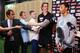 MELBOURNE, AUSTRALIA - FEBRUARY 14: Young Australian basketball player Dante Exum (R) and Joe Daniher of the Bombers speak during an Essendon Bombers AFL media session at True Value Solar Centre on February 14, 2014 in Melbourne, Australia. (Photo by M
