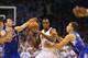 OKLAHOMA CITY, OK - MAY 07: Serge Ibaka #9 of the Oklahoma City Thunder dribbles the ball against J.J. Redick #4 and Blake Griffin #32 of the Los Angeles Clippers in Game Two of the Western Conference Semifinals during the 2014 NBA Playoffs at Chesapeake