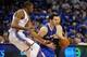 May 7, 2014; Oklahoma City, OK, USA; Los Angeles Clippers guard J.J. Redick (4) handles the ball against Oklahoma City Thunder forward Kevin Durant (35) during the first quarter in game two of the second round of the 2014 NBA Playoffs at Chesapeake Energy