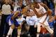 May 7, 2014; Oklahoma City, OK, USA; Oklahoma City Thunder forward Kevin Durant (35) handles the ball against Los Angeles Clippers forward Matt Barnes (22) during the second quarter in game two of the second round of the 2014 NBA Playoffs at Chesapeake En