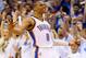 OKLAHOMA CITY, OK - MAY 07: Russell Westbrook #0 of the Oklahoma City Thunder celebrates a three-point shot against the Los Angeles Clippers in Game Two of the Western Conference Semifinals during the 2014 NBA Playoffs at Chesapeake Energy Arena on May 7
