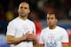 PARIS, FRANCE - MAY 07: Alex (L) and Lucas Moura of PSG look on after the Ligue 1 match between Paris Saint-Germain FC and Stade Rennais FC at Parc des Princes on May 7, 2014 in Paris, France. PSG lost the match 1-2 but still won the 2014 Ligue 1 Champi
