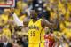 INDIANAPOLIS, IN - MAY 3: Roy Hibbert #55 of the Indiana Pacers celebrates following Game Seven of the Eastern Conference Quarterfinals of the 2014 NBA Playoffs against the Atlanta Hawks on May 3, 2014 at Bankers Life Fieldhouse in Indianapolis, Indiana.