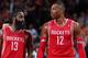 PORTLAND, OR - MAY 2: James Harden #13 and Dwight Howard #12 of the Houston Rockets during a game against the Portland Trail Blazers in Game Six of the Western Conference Quarterfinals during the 2014 NBA Playoffs on May 2, 2014 at the Moda Center in Port