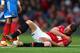 MANCHESTER, ENGLAND - MAY 06: Phil Jones of Manchester United holds his shoulder after sustaining an injury during the Barclays Premier League match between Manchester United and Hull City at Old Trafford on May 6, 2014 in Manchester, England. (Photo by