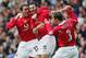 MANCHESTER, ENGLAND - MAY 7: Ryan Giggs of Manchester United celebrates his goal with John O'Shea and Phil Neville during the FA Barclays Premiership match between Manchester United and West Bromwich Albion at Old Trafford on May 7, 2005 in Manchester, E