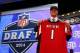 NEW YORK, NY - MAY 08: Jake Matthews of the Texas A&M Aggies poses with a jersey after he was picked #6 overall by the Atlanta Falcons during the first round of the 2014 NFL Draft at Radio City Music Hall on May 8, 2014 in New York City. (Photo by Elsa/