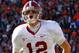 AUBURN, AL - NOVEMBER 27: Quarterback Greg McElroy #12 of the Alabama Crimson Tide celebrates a touchdown against the Auburn Tigers at Jordan-Hare Stadium on November 27, 2009 in Auburn, Alabama. (Photo by Kevin C. Cox/Getty Images)