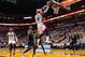 May 6, 2014; Miami, FL, USA; Miami Heat forward LeBron James (6) drives to the basket as Brooklyn Nets center Kevin Garnett (2) defends during the first half in game one of the second round of the 2014 NBA Playoffs at American Airlines Arena. Mandatory Cr