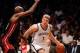 Oct 17, 2013; Brooklyn, NY, USA; Brooklyn Nets power forward Mason Plumlee (1) drives to the net during the fourth quarter against the Miami Heat at Barclays Center. Brooklyn won 86-62. Mandatory Credit: Anthony Gruppuso-USA TODAY Sports
