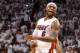 May 8, 2014; Miami, FL, USA; Miami Heat forward LeBron James (6) reacts during the second half in game two of the second round of the 2014 NBA Playoffs against the Brooklyn Nets at American Airlines Arena. Miami won 94-82. Mandatory Credit: Steve Mitchell