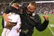 Sep 14, 2013; East Hartford, CT, USA; Maryland Terrapins head coach Randy Edsall celebrates with defensive back Dexter McDougle (25) after McDougle ran an interception back for a touchdown against the Connecticut Huskies during the second half at Rentschl