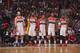 WASHINGTON, DC - MAY 09: Marcin Gortat #4, Nene Hilario #42, Bradley Beal #3, Trevor Ariza #1 and John Wall #2 of the Washington Wizards on the court against the Indiana Pacers during Game Three of the Eastern Conference Semifinals at Verizon Center on Ma