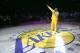 LOS ANGELES, CA - FEBRUARY 20: Kobe Bryant #24 of the Los Angeles Lakers speaks in a ceremony honoring Lakers late owner Dr. Jerry Buss before the game with the Boston Celtics at Staples Center on February 20, 2013 in Los Angeles, California. NOTE TO US