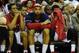 May 9, 2014; Washington, DC, USA; Washington Wizards players Andre Miller (left) and Drew Gooden (center) and John Wall react near the end of the game against the Indiana Pacers in game three of the second round of the 2014 NBA Playoffs at Verizon Center