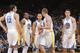 OAKLAND, CA - JANUARY 20: Andrew Bogut #12, Andre Iguodala #9, Stephen Curry #30, David Lee #10 and Klay Thompson #11 of the Golden State Warriors in a game against the Indiana Pacers on January 20, 2014 at Oracle Arena in Oakland, California. NOTE TO USE