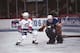 Canadiens forward Mats Naslund #26 in close against Blues goaltender Greg Millen #29 at the Montreal Forum during the 1987-88 season.(Photo by Denis Brodeur/NHLI via Getty Images)