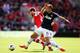 SOUTHAMPTON, ENGLAND - MAY 11: Nemanja Vidic (R) of Manchester United and Adam Lallana (L) of Southampton challenge for the ball during the Barclays Premier League match between Southampton and Manchester United at St Mary's Stadium on May 11, 2014 in So