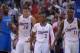 May 11, 2014; Los Angeles, CA, USA; Los Angeles Clippers forward Blake Griffin (32), guard Chris Paul (3) and guard Jamal Crawford (11) react as Oklahoma City Thunder forward Kevin Durant (35) watches in game four of the second round of the 2014 NBA Playo