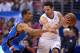 May 11, 2014; Los Angeles, CA, USA; Los Angeles Clippers guard J.J. Redick (4) is defended by Oklahoma City Thunder guard Thabo Sefolosha (25) in game four of the second round of the 2014 NBA Playoffs at Staples Center. Mandatory Credit: Kirby Lee-USA TOD